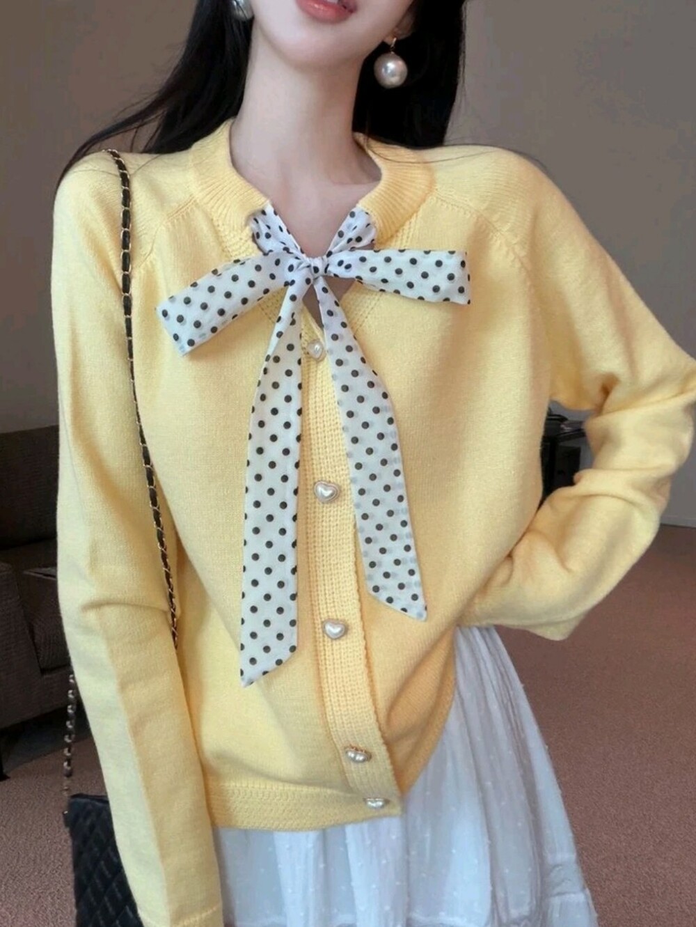 Autumn Winter Round Neck Polka Dot Bowknot Long Sleeve Yellow Sweet Cute